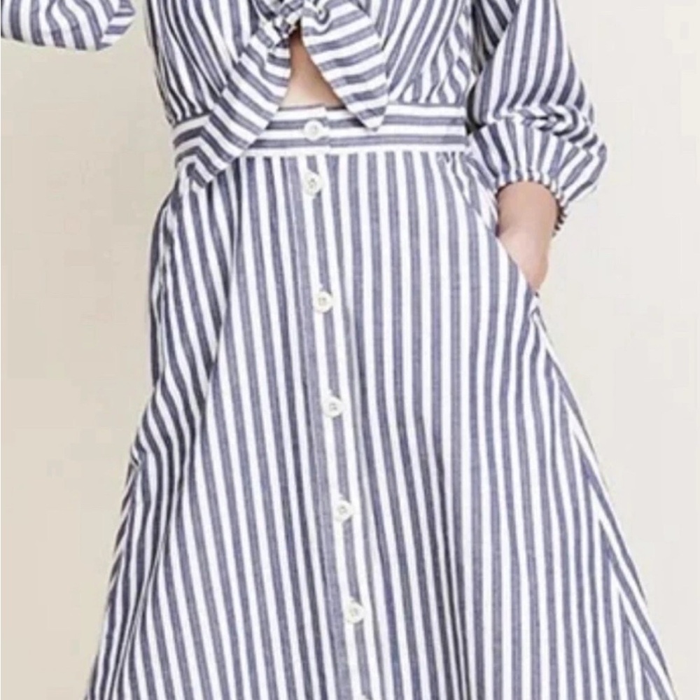 Madewell Shimmer Dress Cutout Waist Elastic Cuffs Striped Blue Size 10 *Altered*